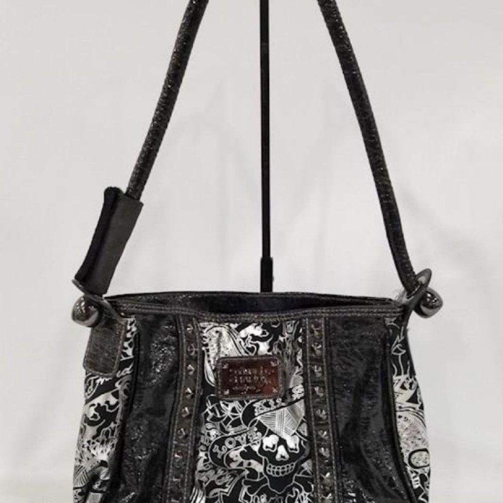 Ed Hardy Black & Silver Patent Leather Shoulder Bag Regualer Medium Size Bag - Picture 1 of 9